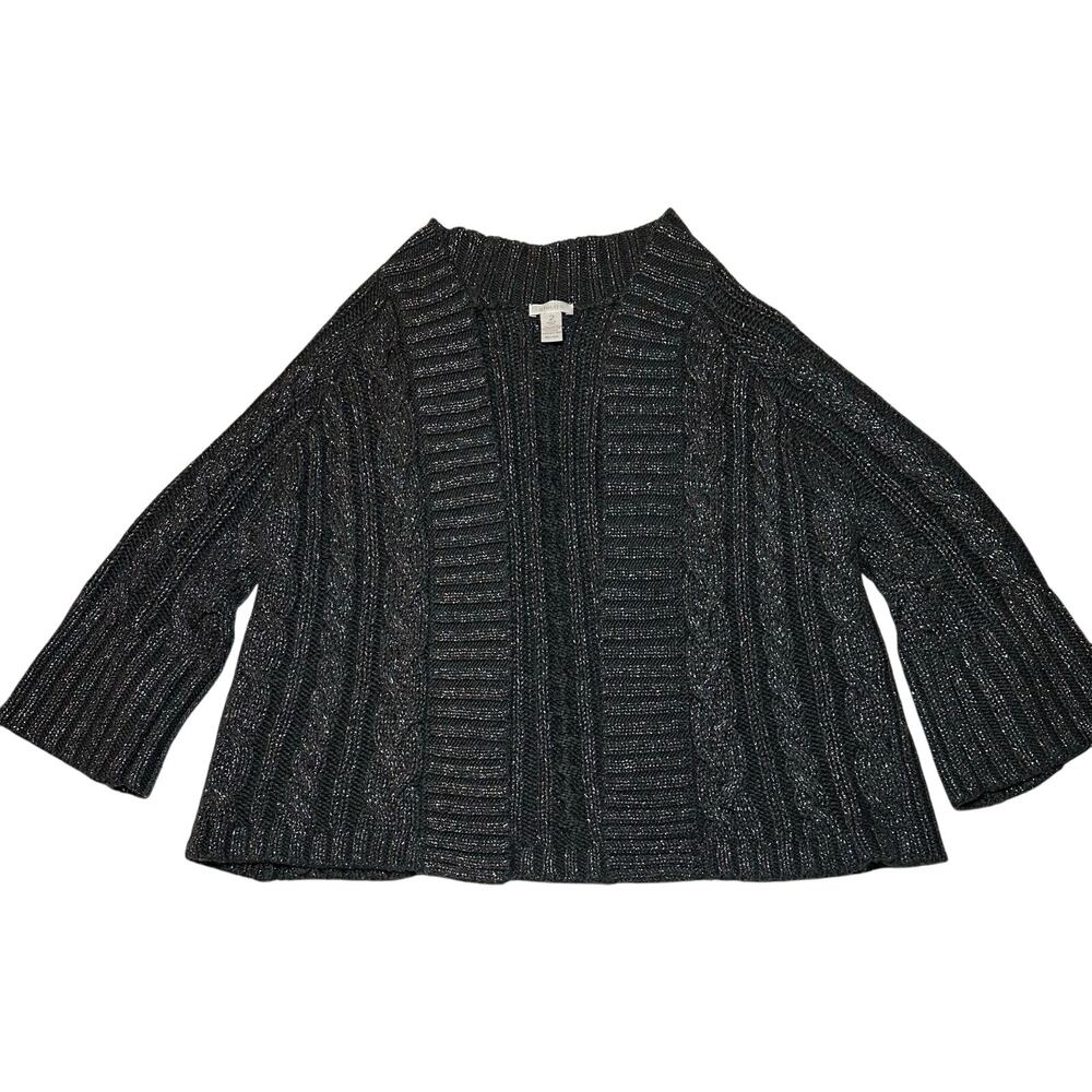 Chico's Women’s Black Silver Sparkle Cable Knit Open Front Cardigan Size 2 US 12